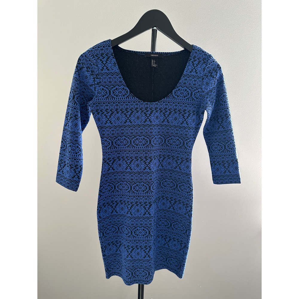 Forever 21 Blue Black Geometric Tribal Bodycon Mini Dress 3/4 Sleeve Small